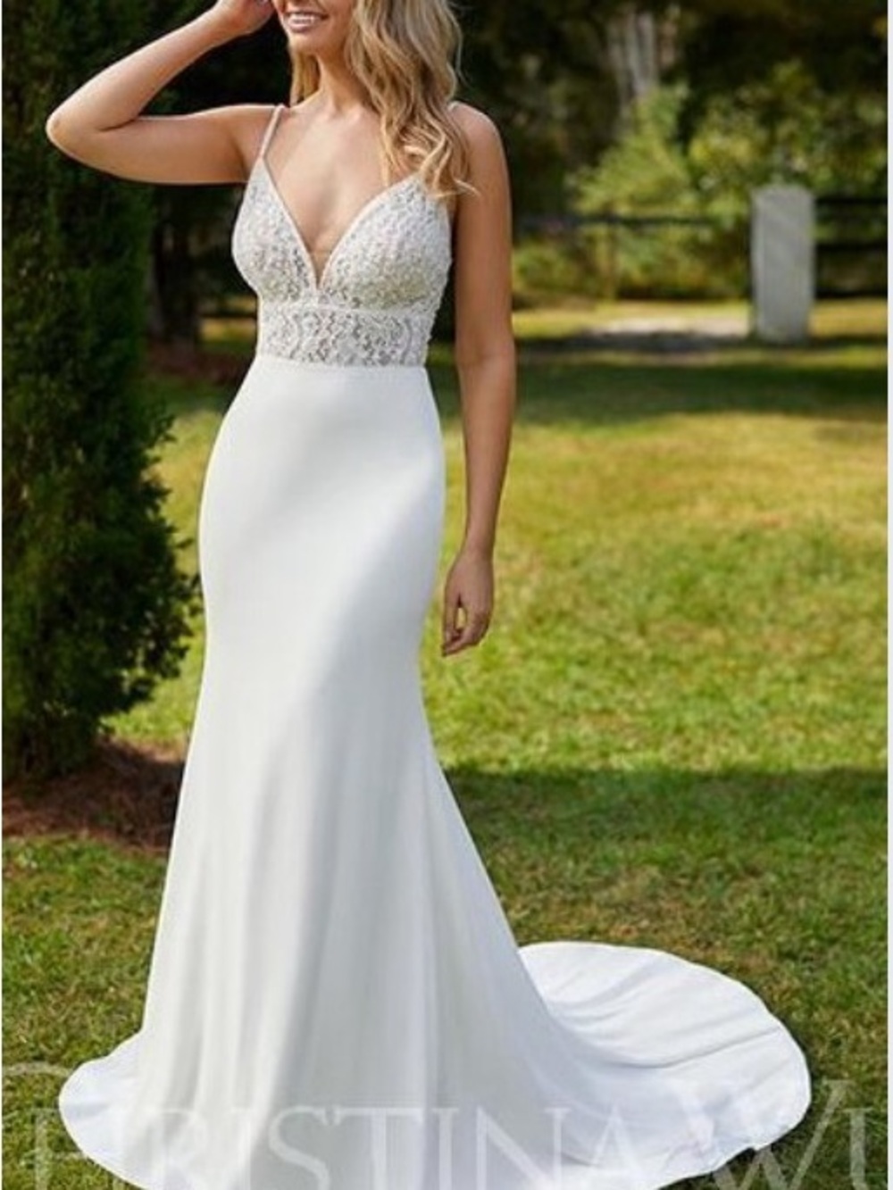 Christina Wu Bridal Gown Size 12 Ivory Nude Silver Wedding Dress Train